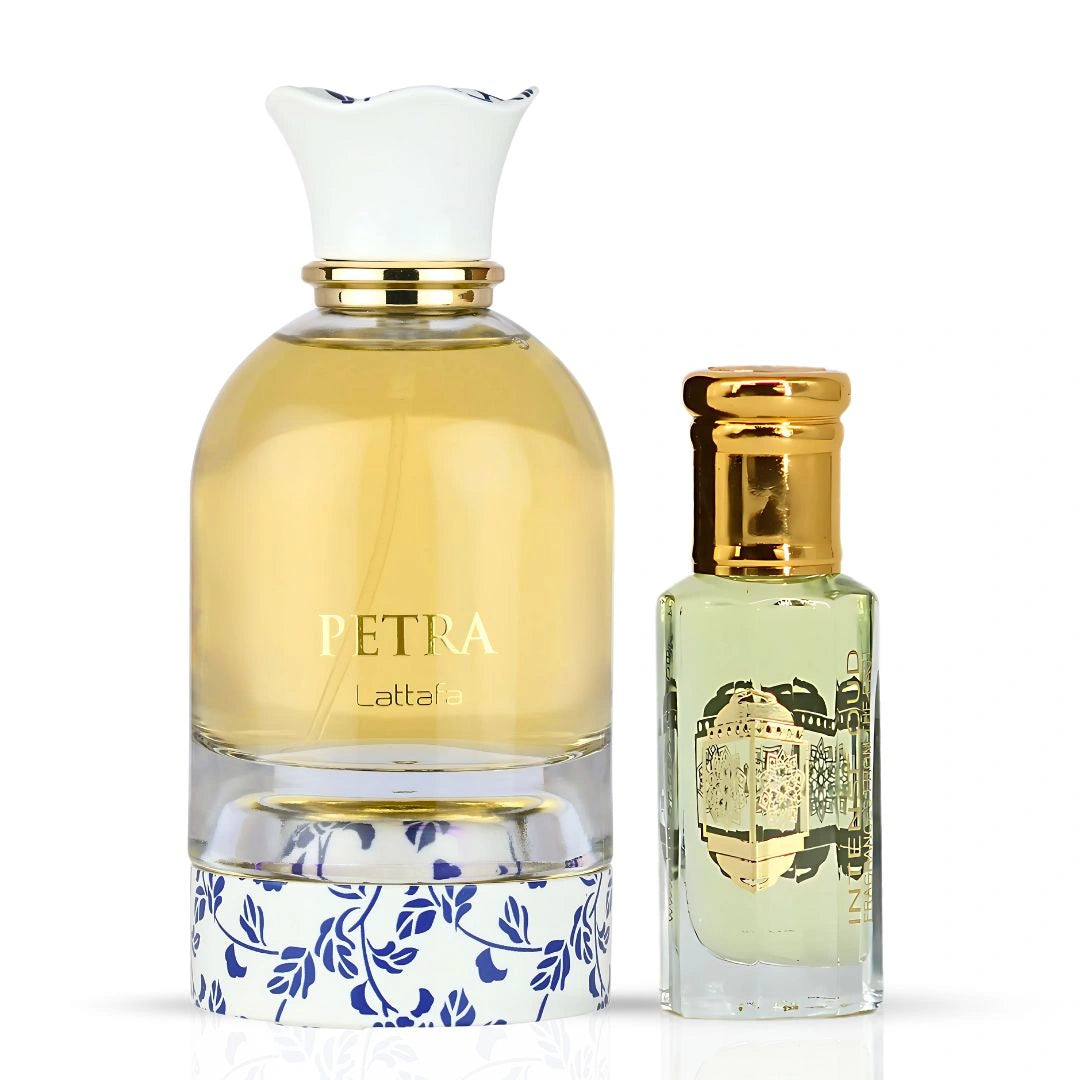 Petra Eau De Parfum Spray 100ml (3.4 oz) by Lattafa & Joodie Perfume Oil 12ml (0.40 oz) by Intense Oud | Elegance Layered To Perfection (Bundle) - Intense Oud