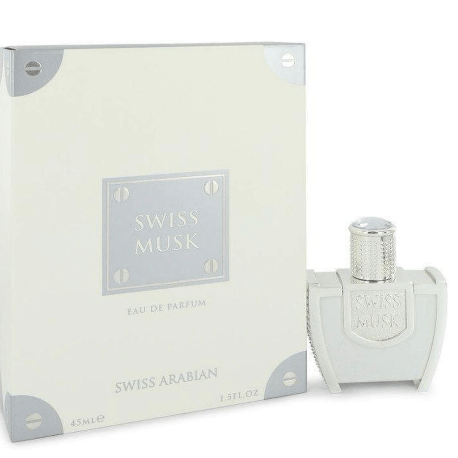 Swiss Arabian Swiss Musk EDP 45ml bottle with elegant packaging, showcasing the Eau De Parfum for women and men.