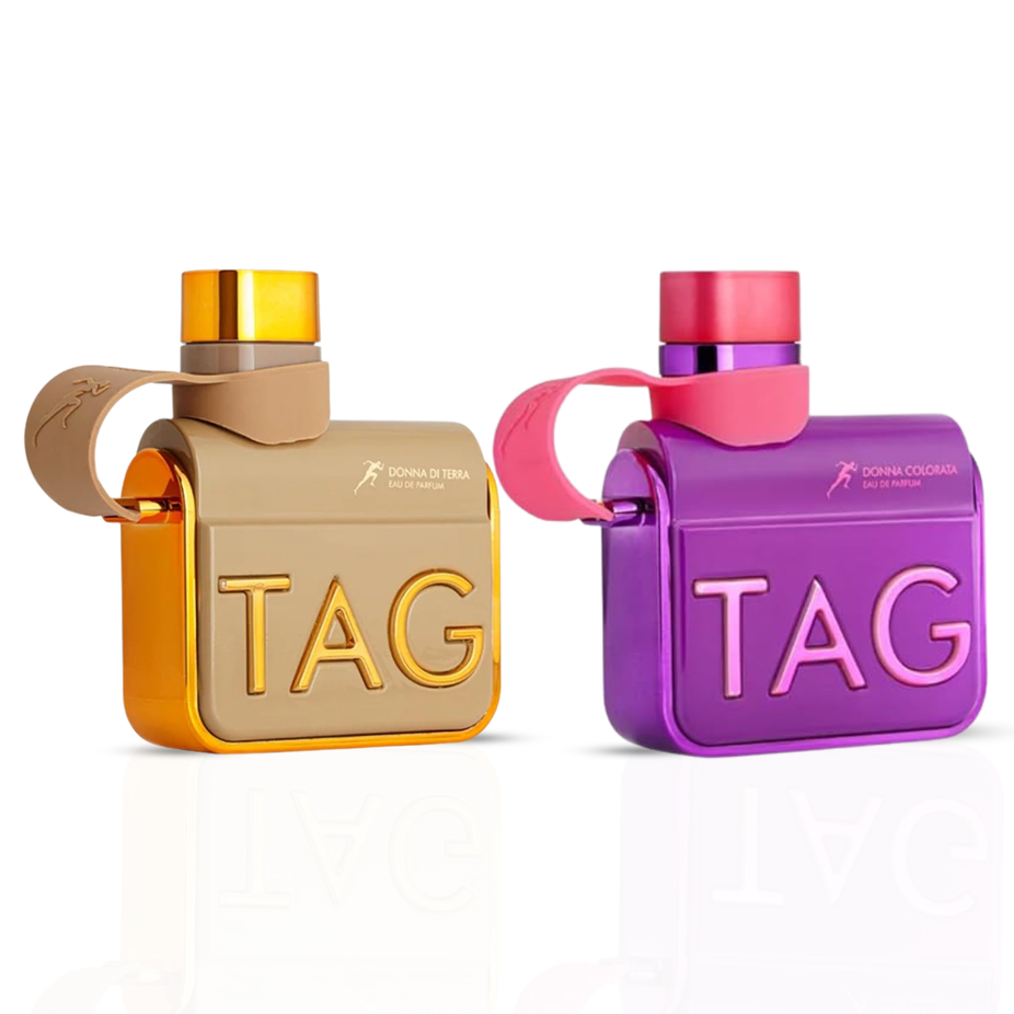 Bundle of Armaf Tag Donna Colorata and Di Terra Eau de Parfum sprays, 100ml, featuring colorful perfume bottles.