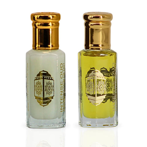 Intense Oud Boss for Men and Musk Tahara perfume oils bundle with black gift box, featuring two 12ml perfume oil bottles and elegant packaging.