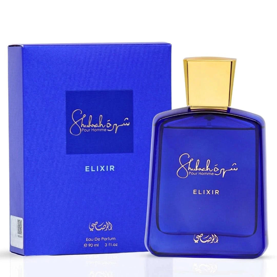Shuhrah Elixir Pour Homme Eau de Parfum spray by Rasasi, 90ml, featuring elegant black and gold bottle design.