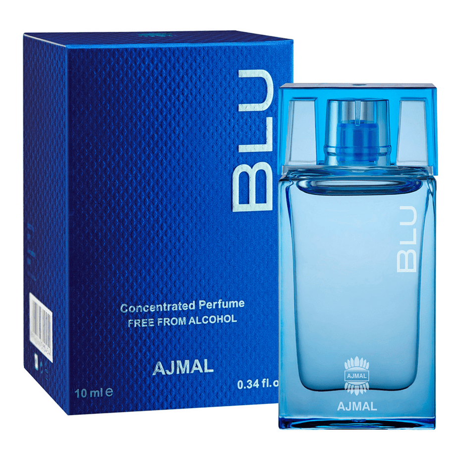 Blu for Men Ajmal perfume oil in a 10ml bottle, showcasing the sleek packaging of this concentrated fragrance oil.