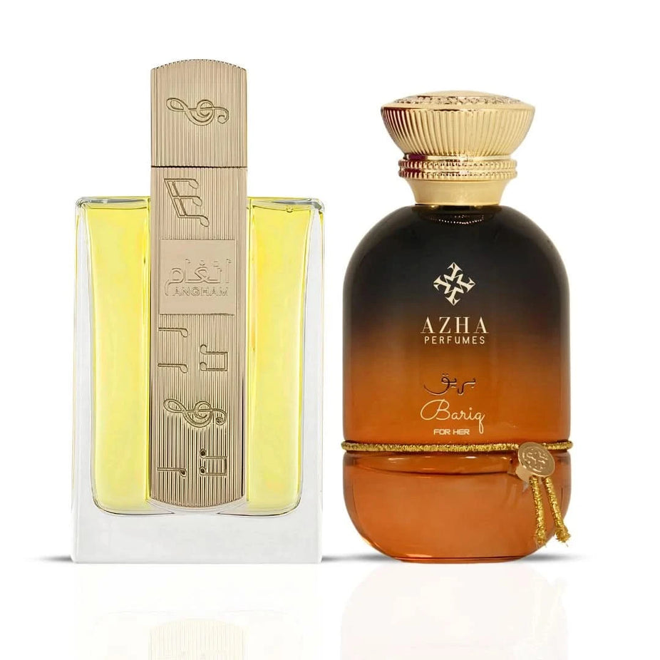Lattafa Angham and Azha Bariq Eau de Parfum sprays in a 100ml bundle, featuring elegant bottles with floral and fresh fragrance designs.