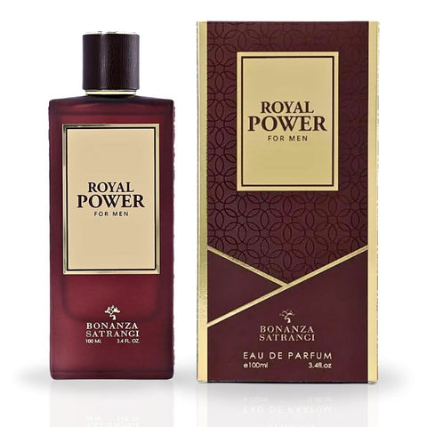 Bonanza Satrangi Royal Power For Men EDP spray 100ML with amber-vanilla scent, showcasing the luxurious perfume bottle.