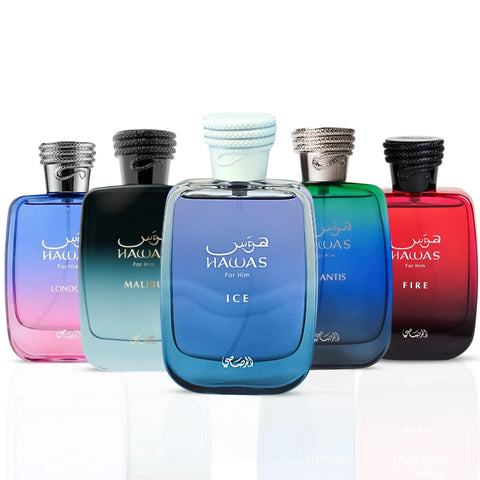 Rasasi Hawas Collection Eau De Parfum sprays including Hawas Ice, Malibu, Atlantis, Fire, and London in 100ml bottles.