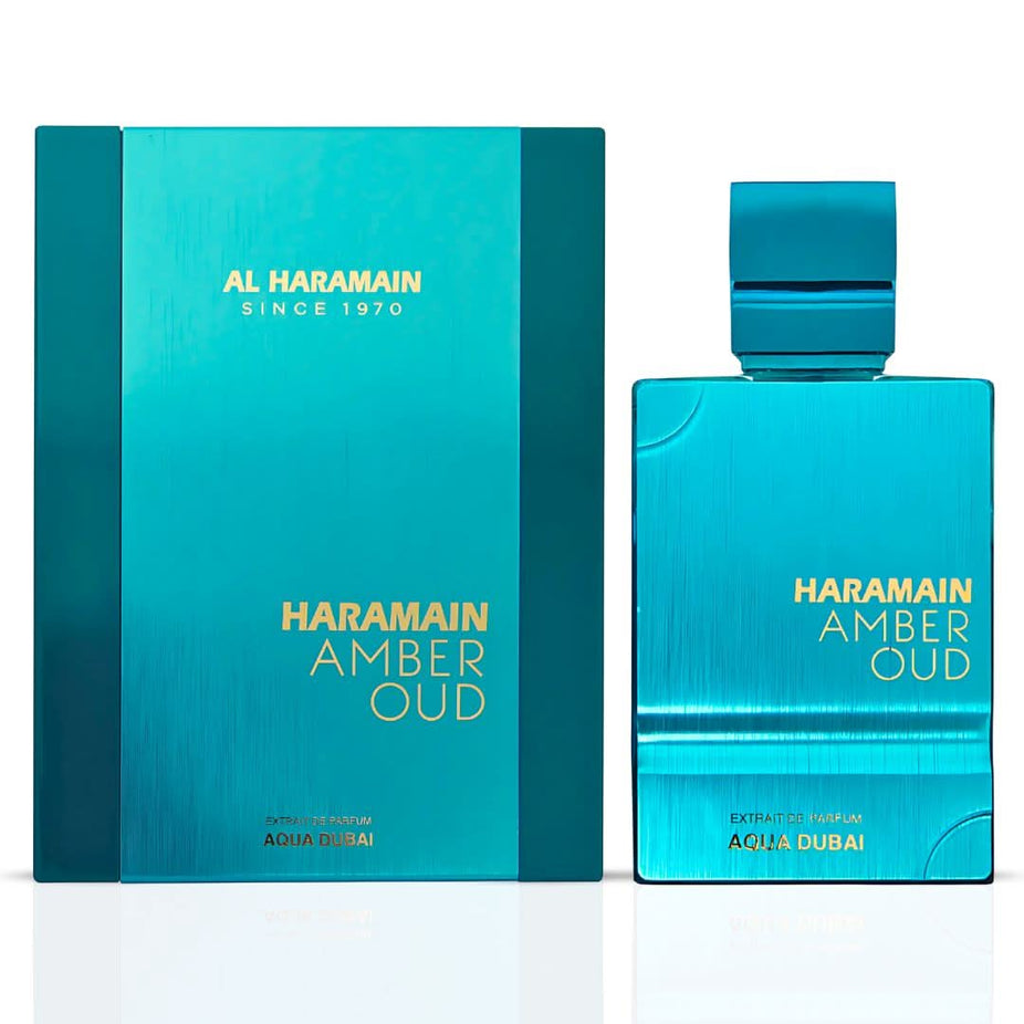 Amber Oud Aqua Dubai EDP by Al Haramain in a 100ml perfume spray bottle, featuring a luxurious floral and woody scent.