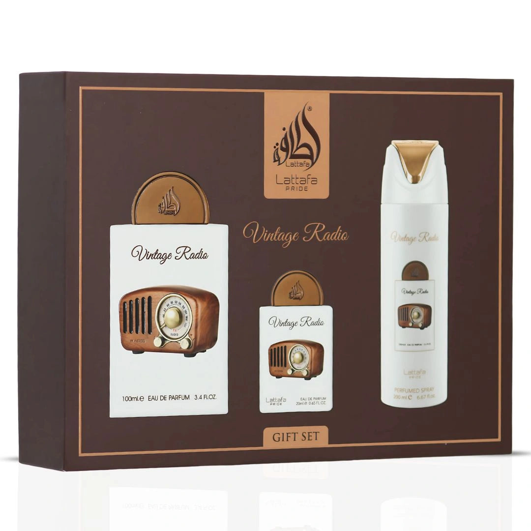 Lattafa Pride Vintage Radio 3-Piece Eau de Parfum Gift Set | A Static of Spice, A Signal of Smoke (Gift Set) - Intense Oud