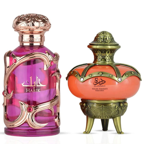 Lattafa Habik for Women and Niche Emarati Durrah Eau de Parfum spray bundle, 100ml bottles, elegant floral and oriental fragrance.