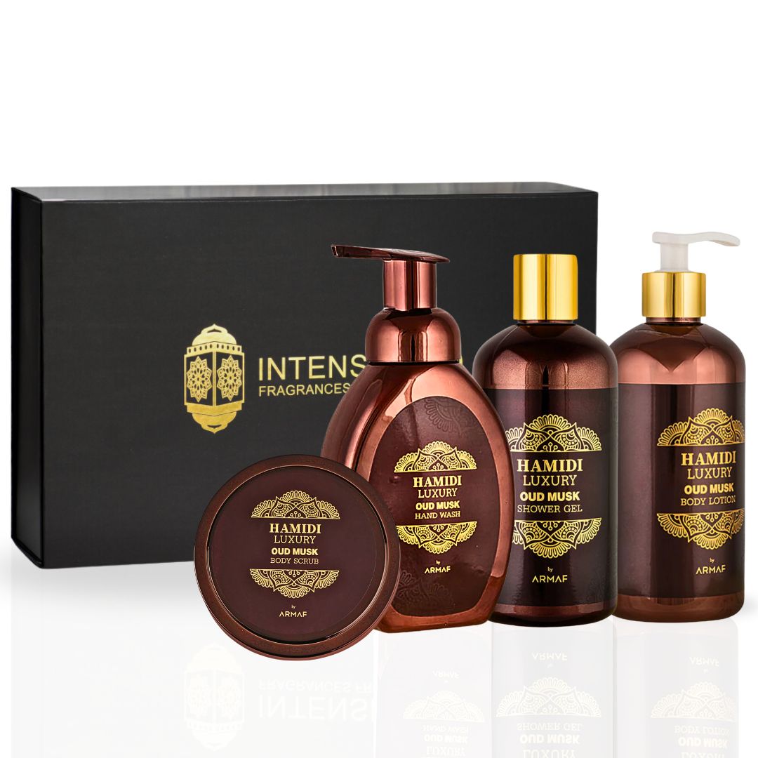 4PCS LUXURY OUD MUSK - Bath & Body Gift Set Magnetic Box By Hamidi | Ultra Moisturizing, Skin-Nourishing, Naturally Derived Ingredients. (Pack Of 4) - Intense Oud