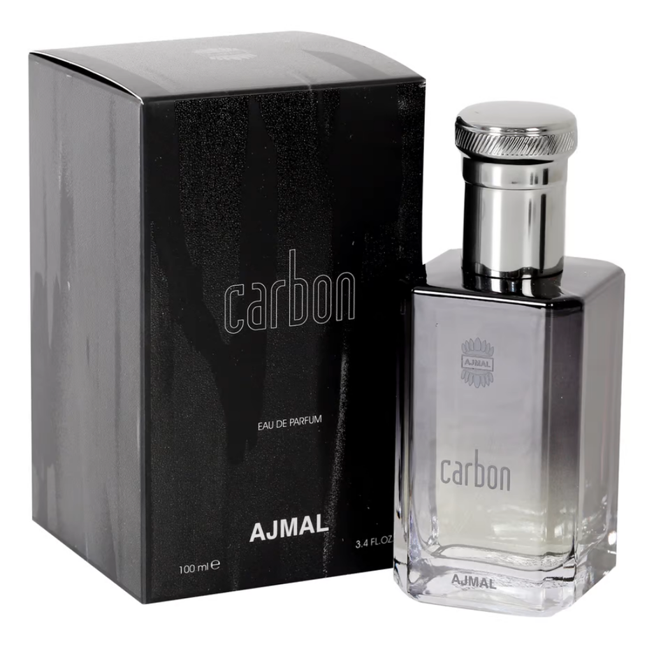 Ajmal Carbon Men Eau De Parfum 100ml bottle, sleek design, with the perfume spray nozzle visible, representing men's fragrance.
