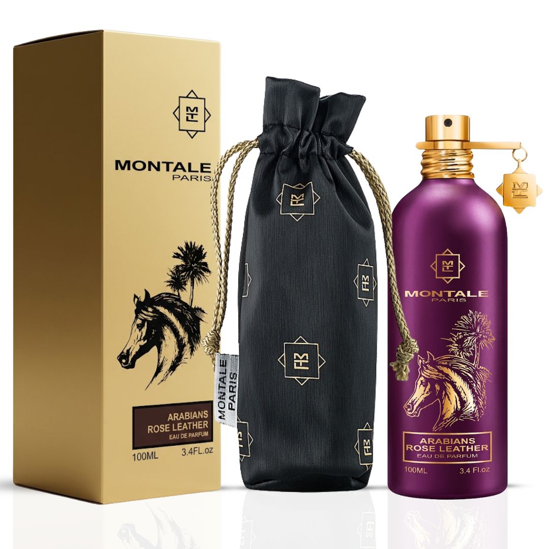 Montale Arabians Rose Leather Eau de Parfum spray bottle, 100ml, with elegant packaging and rose and leather notes visible.