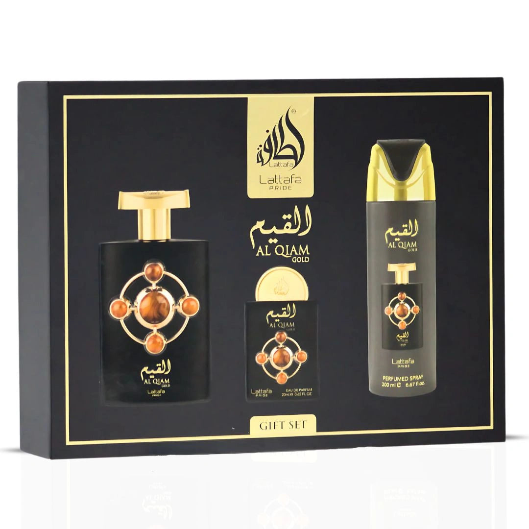 Lattafa Pride Al Qiam Gold 3-Piece Eau de Parfum Gift Set | A Gilded Storm of Raspberry & Smoky Oud (Gift Set) - Intense Oud