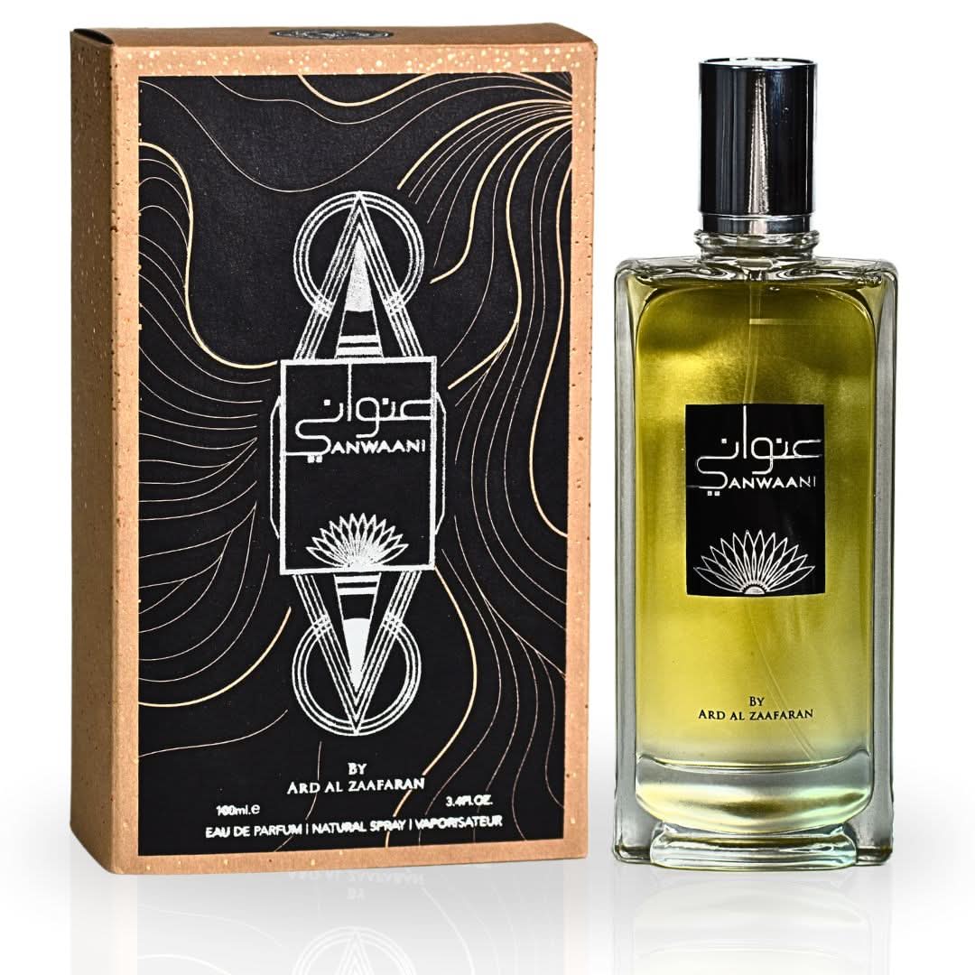 Anwaani EDP Spray by Ard Al Zaafaran, 100ML, featuring a luxurious, refreshing Eau De Parfum bottle with elegant packaging.