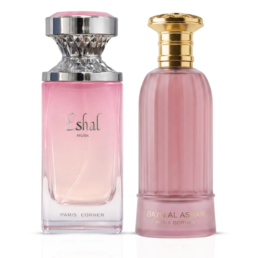 Paris Corner Eshal Musk 100ml and Bayn Al Asrar 80ml Eau de Parfum spray bundle, featuring elegant glass bottles with decorative caps.