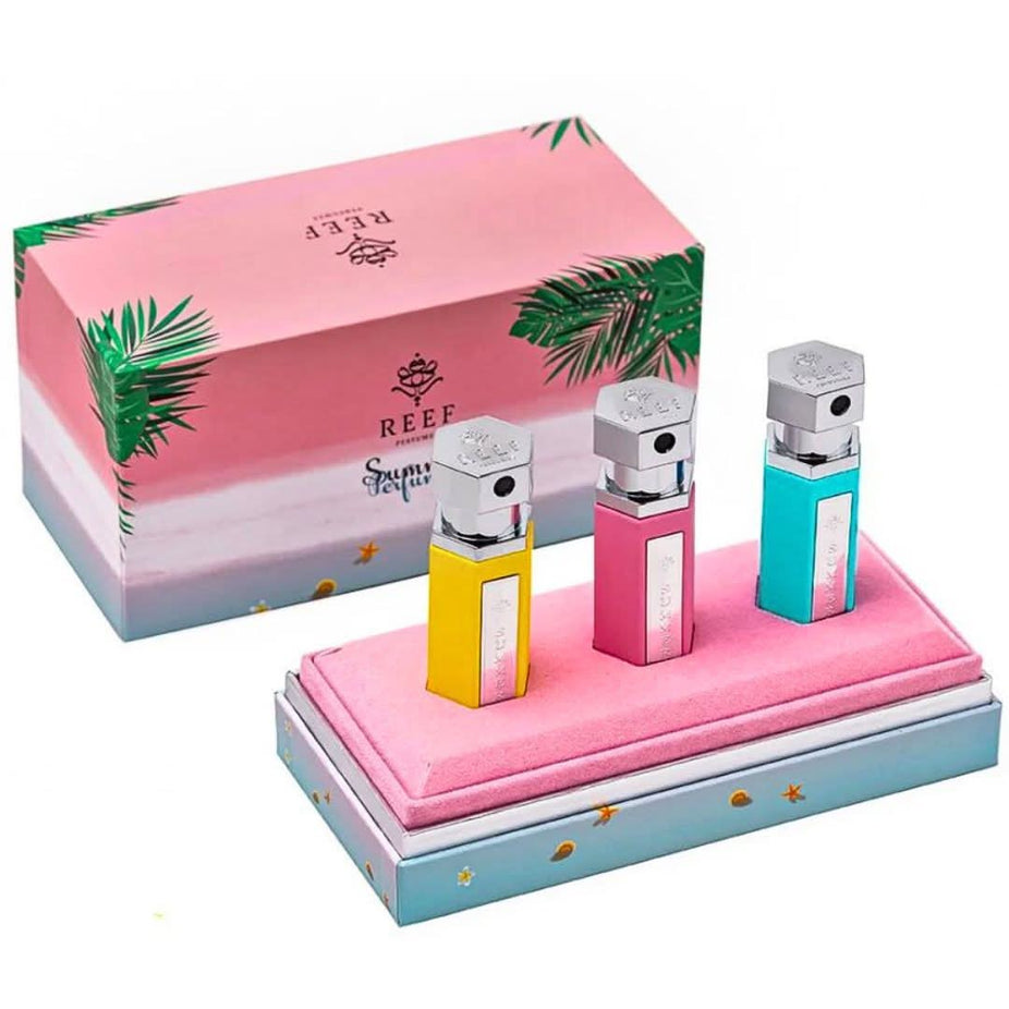 Reef Perfumes 3-piece summer EDP spray set featuring Tiffany, Pink, and Yellow fragrances in 15ml bottles, long-lasting and luxurious.