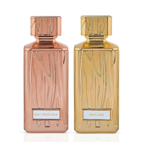 Hamidi Envy Rose Gold and Gold Eau de Parfum Spray bundle, 100ml bottles, elegant packaging with gold accents, luxurious fragrance set.