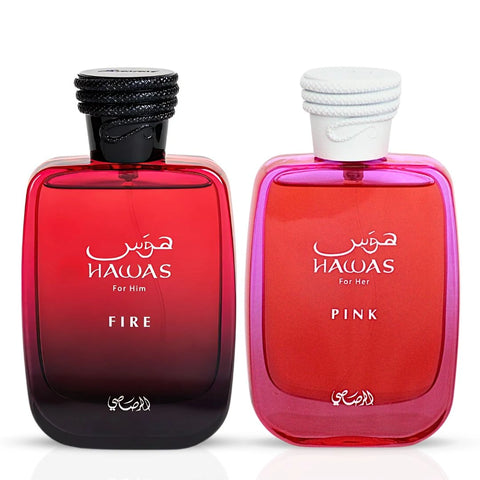 Hawas Fire For Him & Hawas Pink For Her Eau de Parfum Sprays 100ml (3.4 oz) by Rasasi | Fresh for Him, Sweet for Her (Bundle) - Intense Oud
