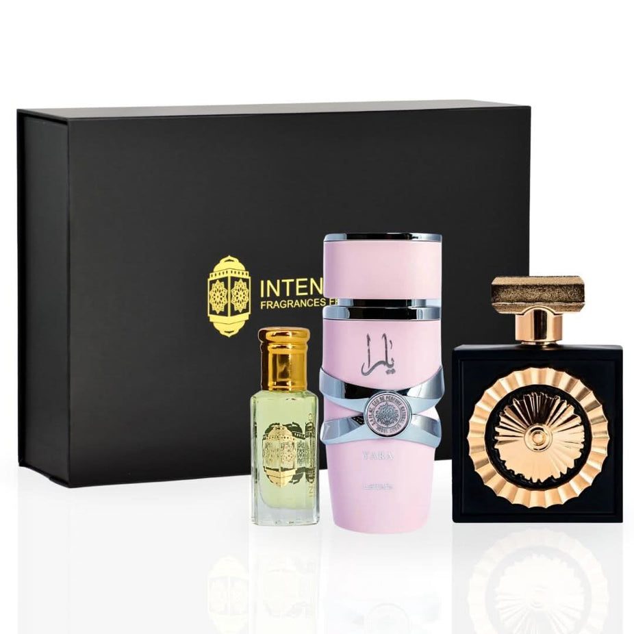 Yara Nebras Eau de Parfum spray and Lady Mile perfume oil in a magnetic gift box by Intense Oud, featuring elegant packaging.