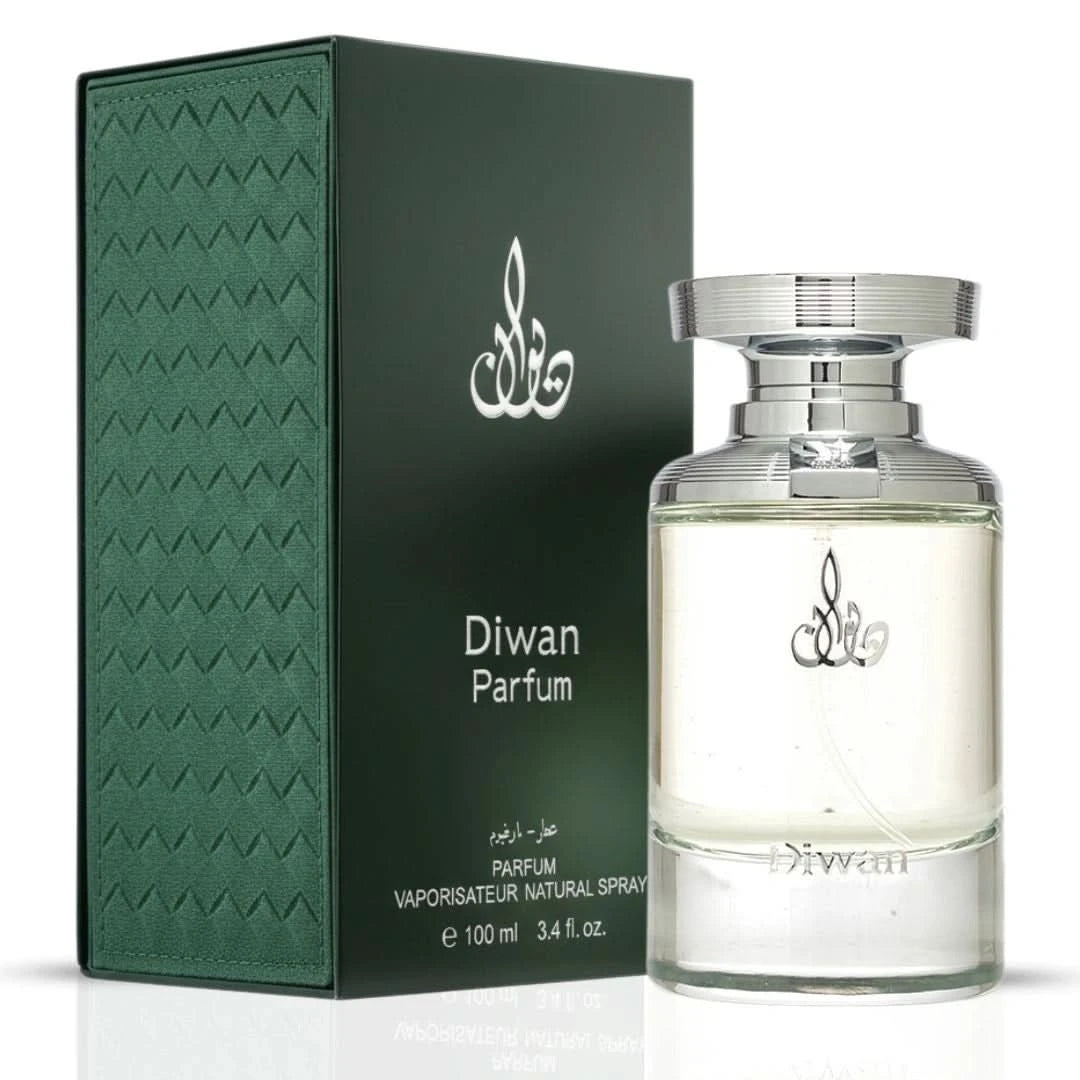 Arabian Oud Diwan Eau de Parfum spray 100ml, elegant glass bottle with a sleek design, showcasing the Arabian Oud fragrance.