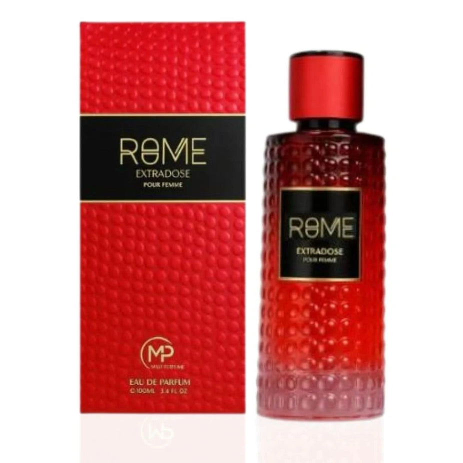 Rome Extradose Pour Femme Eau De Parfum spray by Mast Perfume, 100ml bottle with elegant floral design and clear glass container.