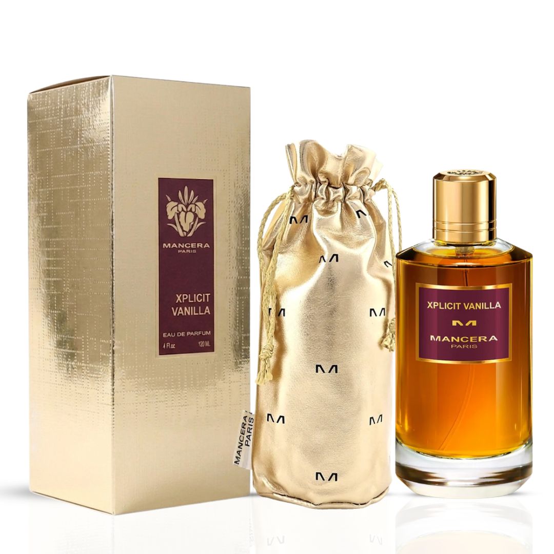 Mancera Xplicit Vanilla Eau de Parfum spray bottle, 120ml, featuring sleek design and fragrance details on the label.