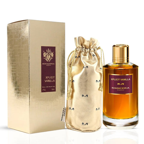 Mancera Xplicit Vanilla Eau de Parfum spray bottle, 120ml, featuring sleek design and fragrance details on the label.