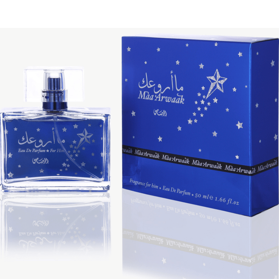 Rasasi Maa Arwaak Men Eau De Parfum bottle, 50ml (1.7 oz), elegant fragrance with a sleek design.