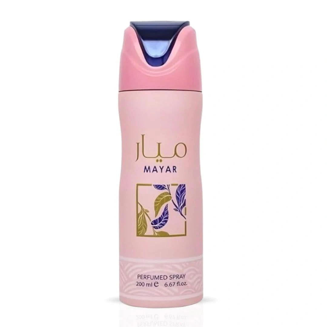 Lattafa Mayar deodorant spray 200ml bottle with clear label and silver cap, designed for freshening and odor control.