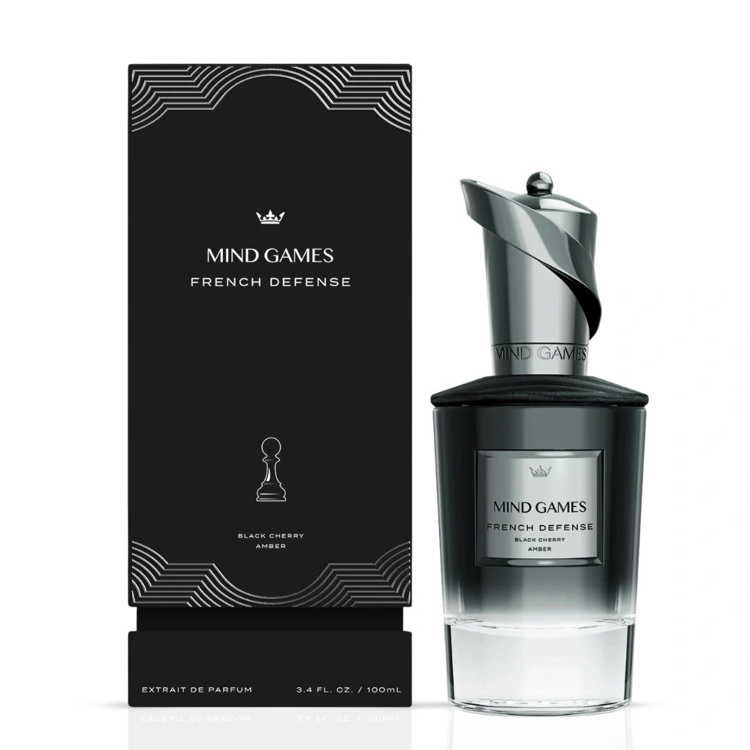 French Defense Extrait de Parfum 100ml by Mind Games, elegant EDP bottle with sleek design and black cap.