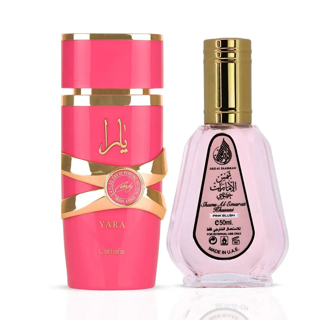 Bundle of Yara Candy Eau de Parfum by Lattafa and Pink Blush Shams Al Emarat by Ard Al Zaafaran, featuring two luxurious perfume sprays.