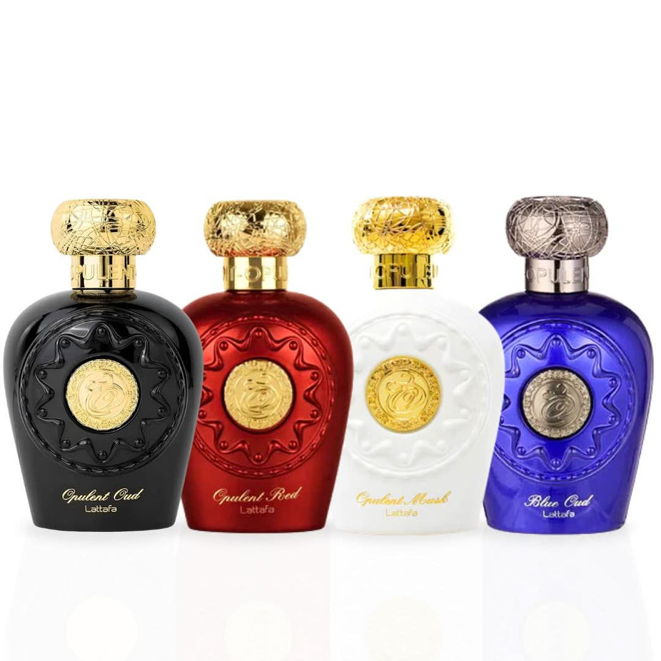 Lattafa Opulent Oud, Musk, and Red & Blue Oud Eau de Parfum sprays in 100ml bottles, featuring elegant packaging and luxurious fragrances.