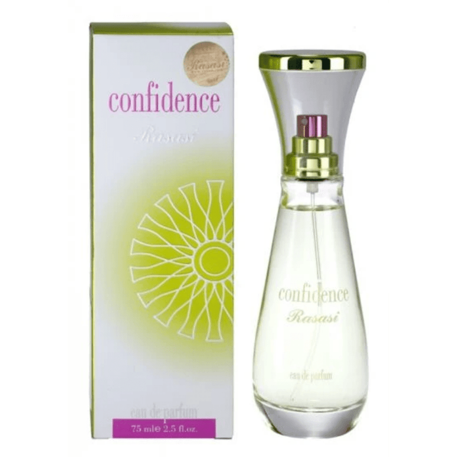 Rasasi Confidence for Women 75ml Eau De Parfum bottle with elegant packaging and floral design elements.