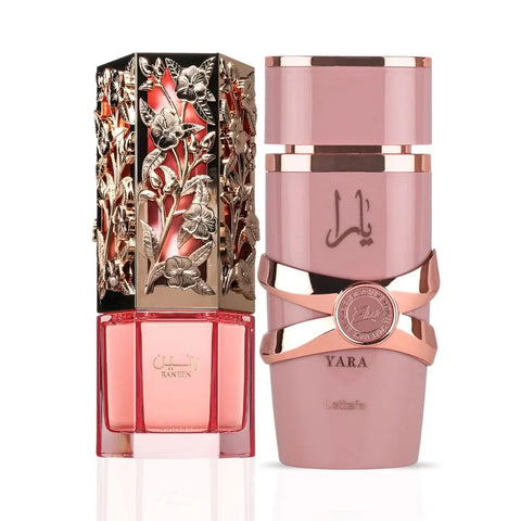 Bundle of Lattafa Raneen Eau de Parfum spray 80ml and Yara Elixir Eau de Parfum spray 100ml, featuring elegant glass bottles.