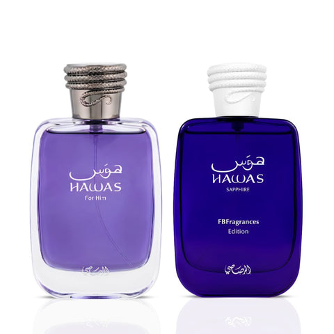 Hawas Sapphire & Hawas Men Eau de Parfum Sprays 100ml (3.4 oz) by Rasasi (Bundle)