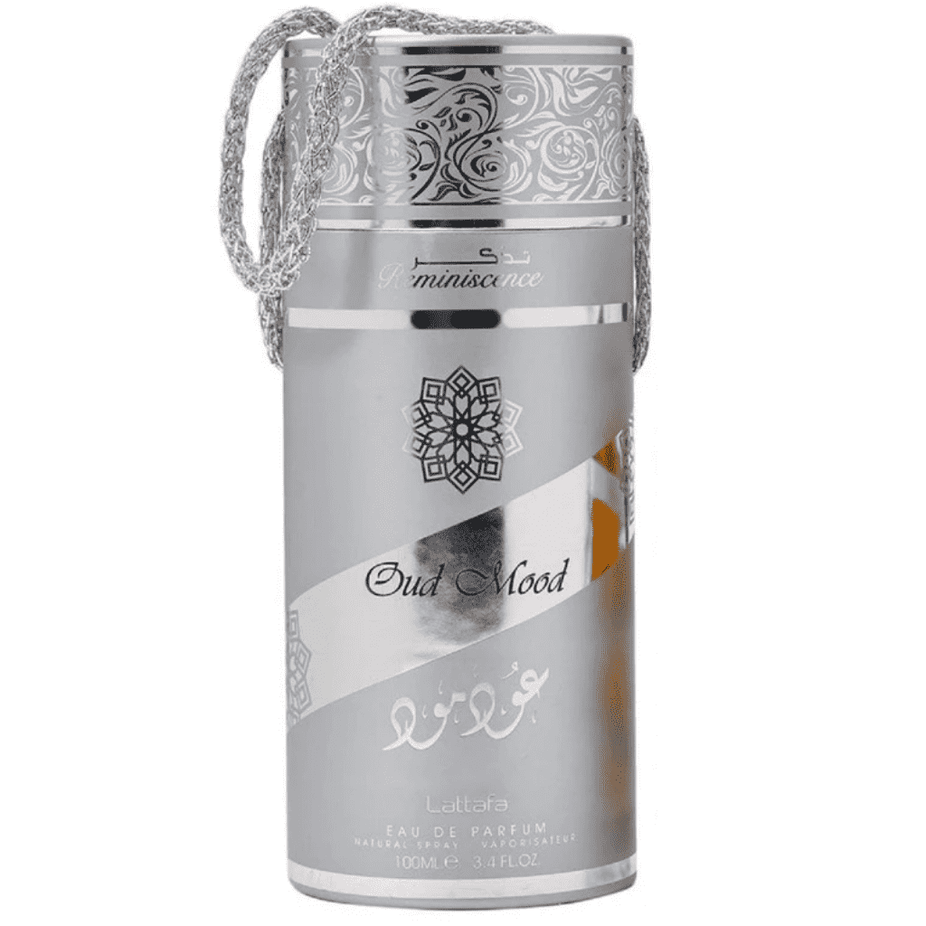 Lattafa Oud Mood Reminiscence Eau De Parfum 100ML bottle with elegant packaging and fragrance details.