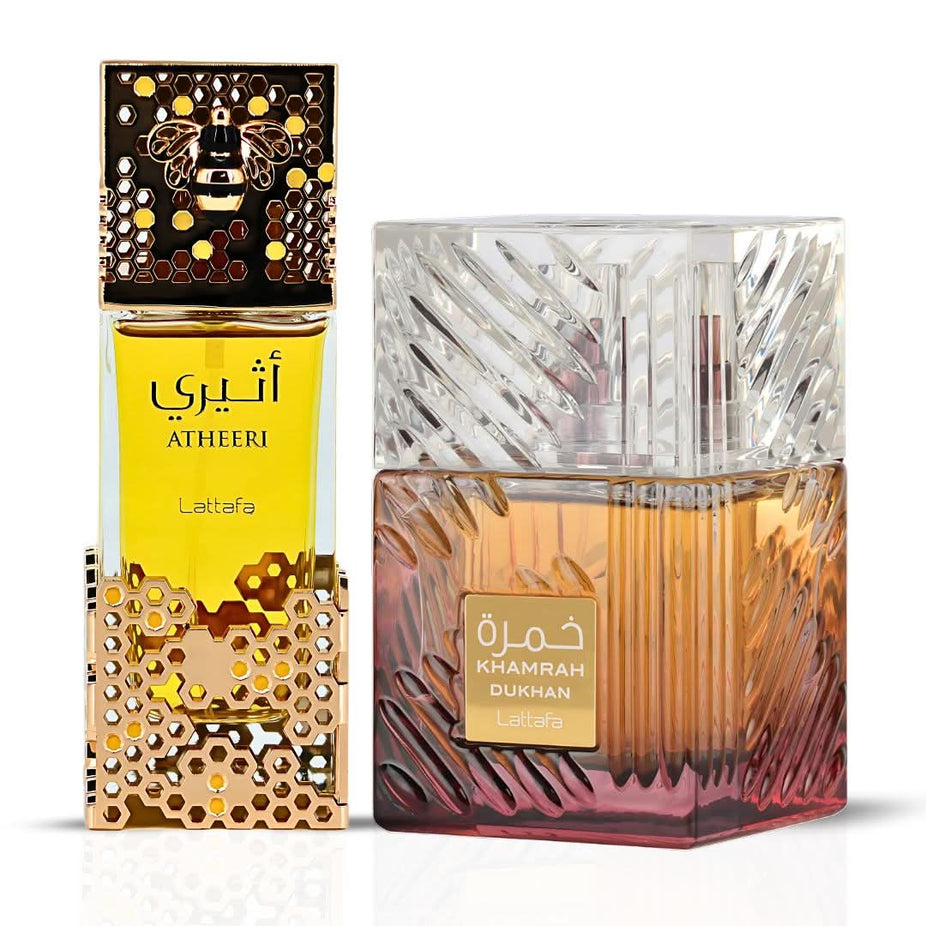 Lattafa Khamrah Dukhan and Atheeri Eau de Parfum sprays bundle, 100ml each, featuring elegant bottles with decorative caps.