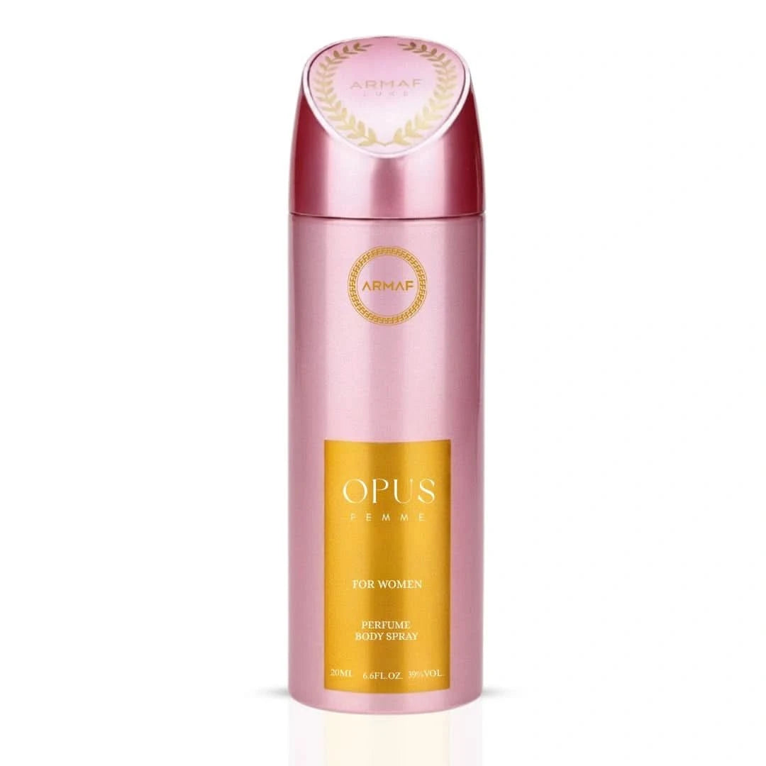 Armaf Opus Woman deodorant spray 200ml bottle with clear label, featuring a sleek design and silver cap.