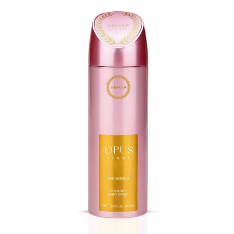 Armaf Opus Woman deodorant spray 200ml bottle with clear label, featuring a sleek design and silver cap.