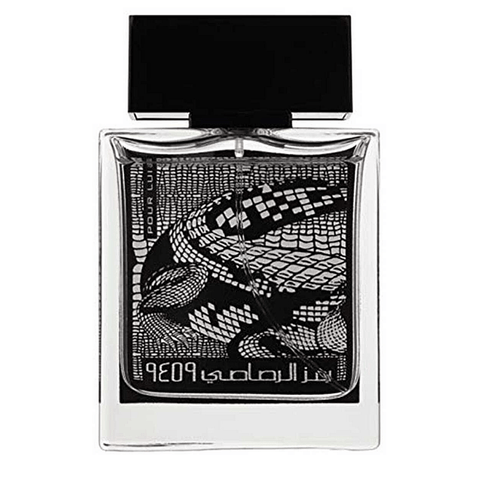 Rasasi Rumz Al Rasasi 9459 Alligator Pour Lui men’s EDP 50ml with velvet pouch, featuring sleek glass bottle and elegant design.