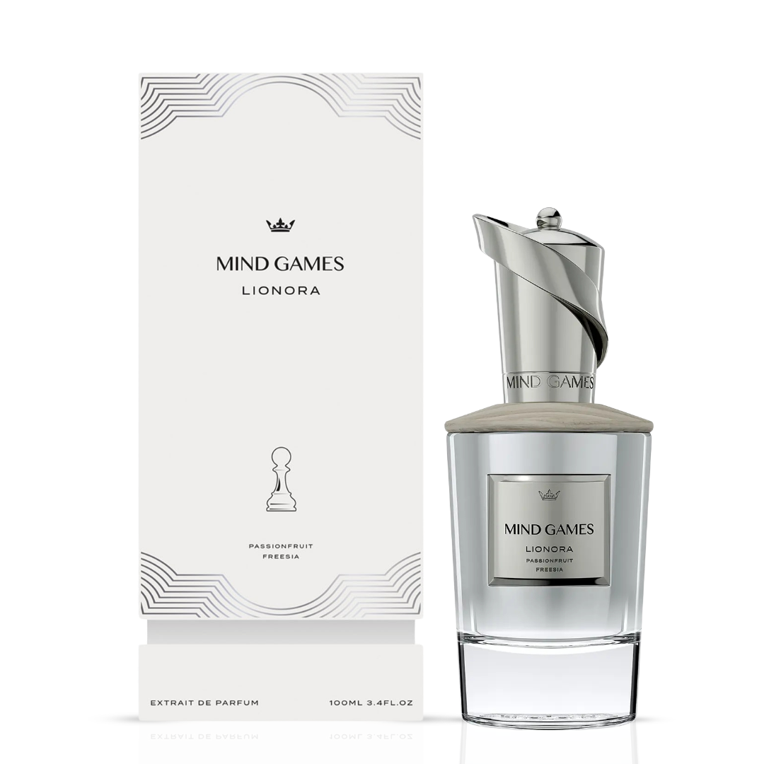 Lionora Extrait de Parfum 100ml by Mind Games, elegant glass bottle with a sleek design, showcasing the luxurious EDP fragrance.