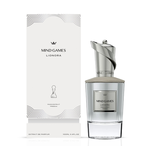 Lionora Extrait de Parfum 100ml by Mind Games, elegant glass bottle with a sleek design, showcasing the luxurious EDP fragrance.