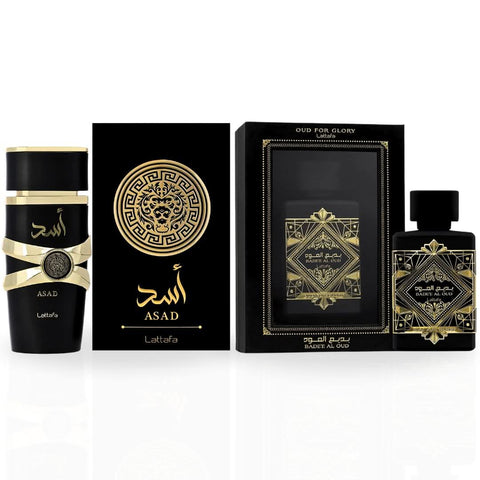 Lattafa Asad & Bade'e Al Oud Glory Eau de Parfum spray bundle, 100ml bottles with elegant packaging, showcased in the image.