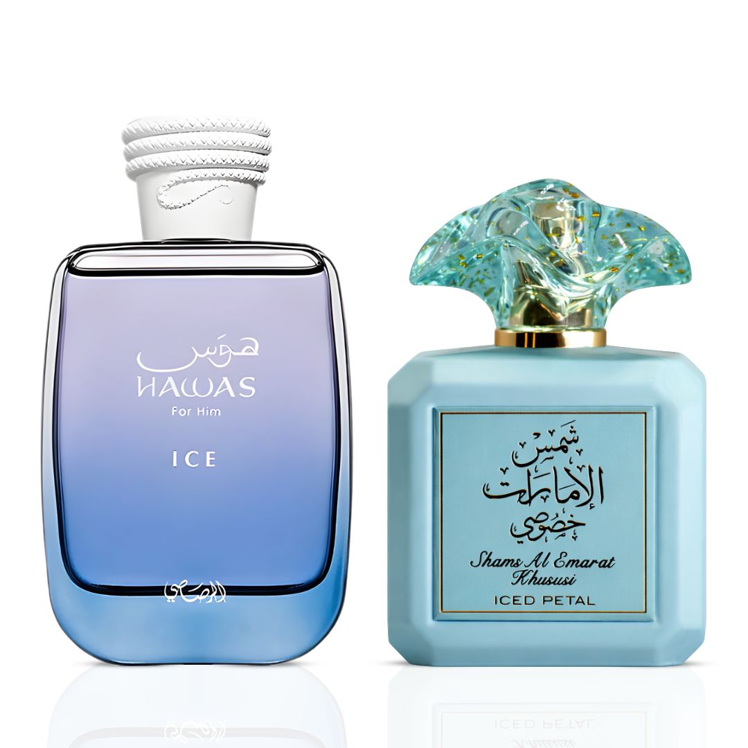 Hawas Ice for Men by Rasasi & Shams Al Emarat Khususi Iced Petal by Ard Al Zaafaran Eau de Parfum Sprays 100ml (3.4 oz) (Bundle)