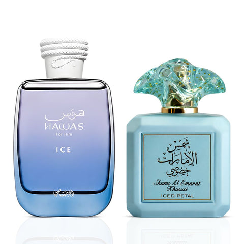 Hawas Ice for Men by Rasasi & Shams Al Emarat Khususi Iced Petal by Ard Al Zaafaran Eau de Parfum Sprays 100ml (3.4 oz) (Bundle)