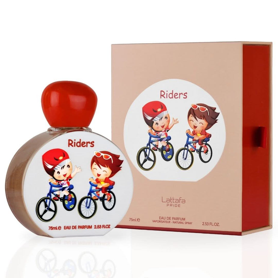 Kids Riders Eau de Parfum spray by Lattafa Pride, 75ml bottle, featuring a colorful design and playful packaging.
