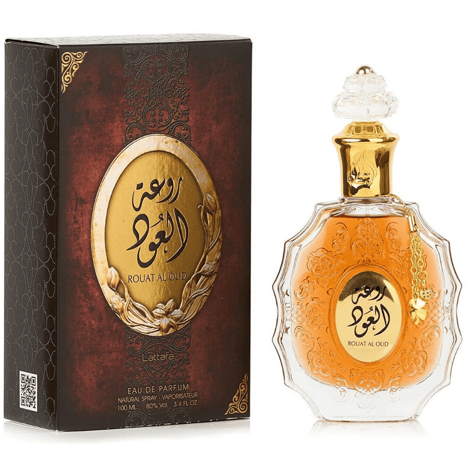 Rouat Al Oud Eau de Parfum spray by Lattafa, 100ml bottle, elegant design, showcasing the luxurious fragrance packaging.
