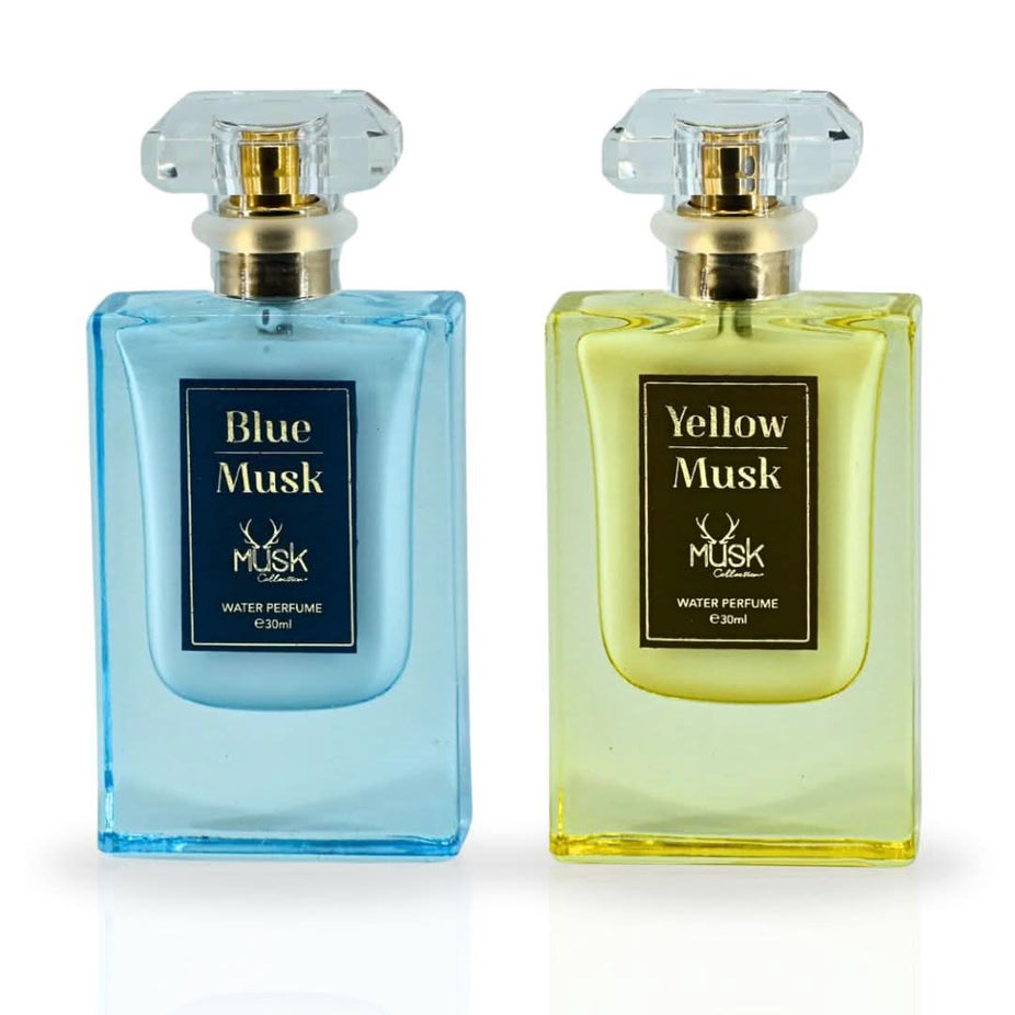 Hamidi Blue Musk and Yellow Musk water perfume spray bundle, 30ml each, featuring elegant perfume bottles with vibrant blue and yellow accents.