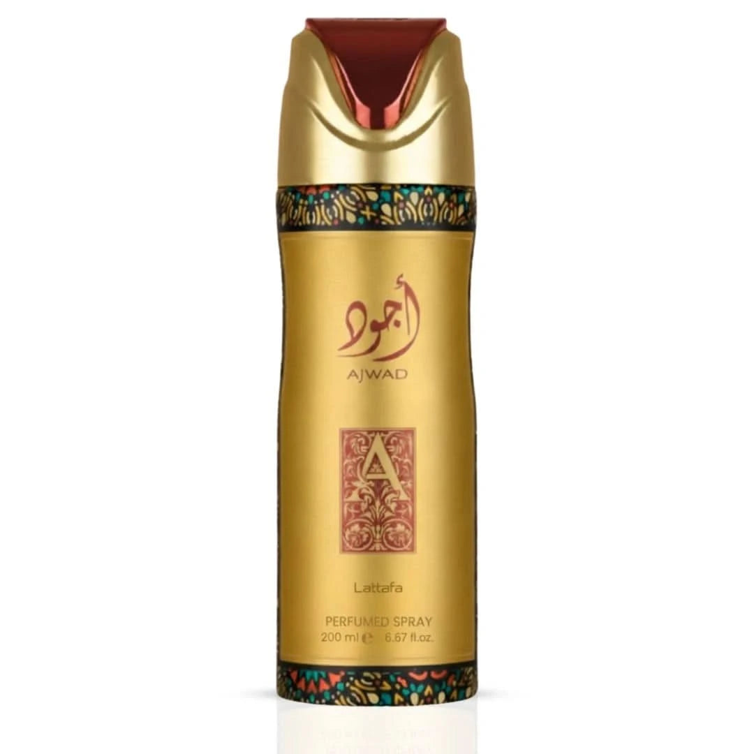 Lattafa Ajwad Deodorant Spray 200ml bottle with a sleek design, providing long-lasting freshness and odor protection.