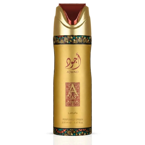 Lattafa Ajwad Deodorant Spray 200ml bottle with a sleek design, providing long-lasting freshness and odor protection.