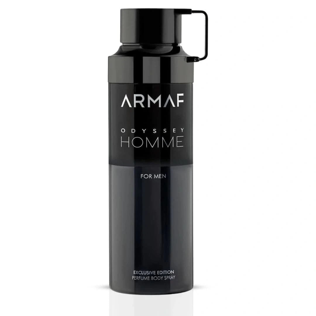 Armaf Odyssey Homme deodorant spray 200ml bottle with sleek design, featuring the Armaf brand logo and modern styling.